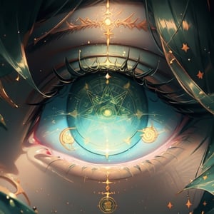 loli, sight_in_the_eyes, close_face, green_eyes, saki, magic_circles, green_hair, wizards, sight looking, magic_circle_inside_the_eye, perfect_eyes,full yet simplified body 