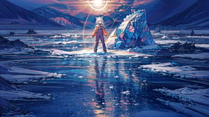 masterpiece,colorful,{best quality},detailed eyes,high constrast,ultra high res.,amidef,the girl is in a ice mountain river with glowing nebula sky while the sun is setting down with big galaxy like stars.,giving a sad yet a little hope in the future. ,animal ears,long hair,hikaru1,layersuit,full_body,reflection in the ice and snown