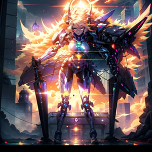 big_boobies,masterpiece,colorful,best quality,detailed hand and eyes, pupil_ magic:circle eye,high constrast,ultra high res,mecha musume,mecha, "A girl is using a amazing mecha armour that easily shines agains the sun rays coming from around her she's uses 2 mecha gloves with the same colors in her breath taking mechanical thruster style wings that makes her float above the ground,shes looking at a building with her colorful glowing eyes and a curious face she is searching for something in that
ruins city.