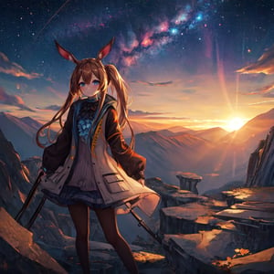 masterpiece,colorful,{best quality},detailed eyes,high constrast,ultra high res.,amidef,
amiya is in a mountain seeing a huge glowing ravine with glowing nebula sky while the sun is setting down with big galaxy like stars.,giving a sad yet with a little hope. ,animal ears