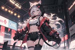 1girl, solo, long hair, breasts, looking at viewer, bangs, blue eyes, shirt, long sleeves, navel, animal ears, hair between eyes, medium breasts, closed mouth, standing, jacket, white hair, thighs, cowboy shot, open clothes, choker, midriff, hood, stomach, open jacket, black jacket, crop top, groin, thigh strap, fake animal ears, highleg, black choker, expressionless, thigh gap, hooded jacket, hood up, hand in pocket, animal hood