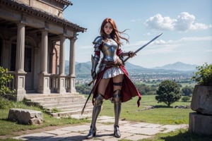 1girl, best quality,  vivid colours,  long hair,  High detailed,  perfect image unfolds with 8k resolution,  masterpiece,  ultra detailed image, colorful,cute girl,clean image style,fullbody,redhead beautifulgirl,High detailed, a girls standing out with a armour costume, she have a sword in hand  and she is raising the sword to the skies,realhands,she is in a plains biome,