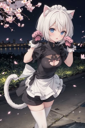 1girl,  masterpiece,  best quality,  cute,  animal ears,  shorts,  paw pose,  (cat paw gloves:1.4),  facing viewer,  looking at viewer,  sakura city,nighttime,animepull,yorha no. 2 type b walking in a sakura forest dressed as a maid neko with torn clothes