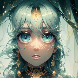 loli, sight_in_the_eyes, close_face, green_eyes, saki, magic_circles, green_hair, wizards, sight looking, magic_circle_inside_the_eye, perfect_eyes,full yet simplified body 