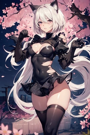 1girl,  masterpiece,  best quality,  cute,  animal ears,  shorts,  paw pose,  (cat paw gloves:1),  facing viewer,  looking at viewer,  sakura city,nighttime,yorha no. 2 type b walking in a sakura forest, dressed as a maid neko with torn up clothes,detailed face,cute expression,ahegao_face,barely clothed with (torn clothes:1.2),perfect body,detailed,realistic eyes,unbuttoned short almost showing female genitalia
