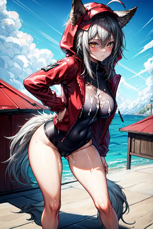 masterpiece, best quality , vivid colours,long hair,fullbody,High detailed,detailed face and eyes, long hair,camel_toe,panties showing,standing,front pov,sfw,vulva,ahoge,1girl,dynamicpose,clothes floating with the wind,powerful colours,projekt red from arknights chilling in a roof top,1girl,gray hair,navel,hot body,projekt red light breeze, yellow eyes, leaning forward, jacket, wolf tail, hood, open jacket, hooded jacket, red jacket, black one-piece swimsuit, thigh strap, unzipped, highleg swimsuit, ears through headwear,cum in her navel,