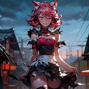 1girl,  masterpiece,  best quality,  cute,  animal ears,  shorts,  paw pose,  facing viewer,  looking at viewer,  sakura city,nighttime, walking in a sakura forest, destiny /(takt op./) dressed as a hot maid neko with torn up clothes,detailed face,cute expression,ahegao_face,barely clothed with (tornclothes:1.2),perfectbody,detailed,realistic eyes,skirt almost showing female genitalia,seeing panties,skirt flowing in the wind,destiny /(takt op./),realistic