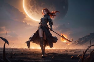 1girl,  best quality, one of the most beautiful images ever created,  vivid colours,  long hair,  High detailed,  perfect image unfolds with 8k resolution,  masterpiece,  ultra detailed image,  colorful, cute girl, clean image style, redhead beautifulgirl, High detailed, she is in a plains biome, detailed beautiful face,fantasy00d,fullbody,After a very long fight a Future soldier (female) is coming home through the burning cursed eclipse field,the field is all burning with a huge destruction this flames is the souls of the dead screaming back to the female soldier.