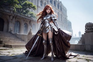 1girl, best quality,  vivid colours,  long hair,  High detailed,  perfect image unfolds with 8k resolution,  masterpiece,  ultra detailed image, colorful,cute girl,clean image style,fullbody,redhead beautifulgirl,High detailed, a girls standing out with a armour costume, she have a sword in hand  and she is raising it to the skies,realhands,