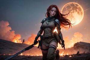 1girl,  best quality, one of the most beautiful images ever created,  vivid colours,  long hair,  High detailed,  perfect image unfolds with 8k resolution,  masterpiece,  ultra detailed image,  colorful, cute girl, clean image style, redhead beautifulgirl, High detailed, she is in a plains biome, detailed beautiful face,fantasy00d,fullbody,After a very long fight a Future soldier (female) is coming home through the burning cursed eclipse field,the field is all burning with a huge destruction this flames is the souls of the dead screaming back to the female soldier.