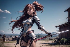 1girl, best quality,one of the most beautiful images ever created,  vivid colours,  long hair,  High detailed,  perfect image unfolds with 8k resolution,  masterpiece,  ultra detailed image, colorful,cute girl,clean image style,redhead beautifulgirl,High detailed, a girls standing out with a armour costume, she have a sword in hand  and she is raising the sword to the skies,anatomy correct hands ,she is in a plains biome,holding a sword,detailed beautiful face,