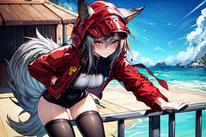 masterpiece, best quality , vivid colours,long hair,fullbody,High detailed,detailed face and eyes, long hair,camel_toe,panties showing,standing,front pov,sfw,vulva,ahoge,1girl,dynamicpose,clothes floating with the wind,powerful colours,projekt red from arknights chilling in a roof top,1girl,gray hair,navel,hot body,projekt red light breeze, yellow eyes, leaning forward, jacket, wolf tail, hood, open jacket, hooded jacket, red jacket, black one-piece swimsuit, thigh strap, unzipped, highleg swimsuit, ears through headwear,