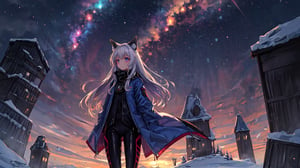 masterpiece,colorful,{best quality},detailed eyes,high constrast,ultra high res.,amidef,Seele is in a ice mountain seeing a huge blueprple glowing ice village with glowing nebula sky while the sun is setting down with big galaxy like stars.,giving a sad yet with a little hope. ,animal ears,long hair,hikaru1,layersuit