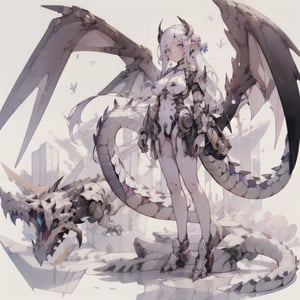 best quality”, “masterpiece”, “illustration”, “1girl”, “solo”, “full body”, “Mecha”, “machine”, “Dragon ear”, “Blank background”, Dragon wings, dragon tail,and “dragon horn”,dragon ear, a girl standing tall while floating in the air with open wings,big_boobies,breath taking,perfecteyes,