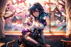 c.c,big_boobies,masterpiece,colorful,best quality, c.c sitting cross leg with hand into the chin,cute face, the background is a classroom where theres a huge window which light comes true and c.c is alone just chilling looking at the sakura trees through the window,c.c.,detailed hand and eyes, pupil_ magic:circle eye,high constrast,ultra high res,mecha musume,