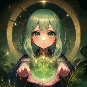 loli, sight_in_the_eyes, close_face, green_eyes, saki, magic_circles, green_hair, wizards, sight looking, magic_circle_inside_the_eye, perfect_eyes,full yet simplified body 