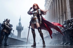 1girl, best quality,  vivid colours,  long hair,  High detailed,  perfect image unfolds with 8k resolution,  masterpiece,  ultra detailed image, colorful,cute girl,clean image style,fullbody,redhead beautifulgirl,High detailed, a girls standing out with a armour costume, she have a sword in hand  and she is raising it to the skies,realhands,