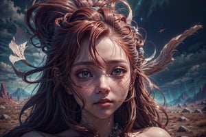 1girl,  best quality, one of the most beautiful images ever created,  vivid colours,  long hair,  High detailed,  perfect image unfolds with 8k resolution,  masterpiece,  ultra detailed image,  colorful, cute girl, clean image style, redhead beautifulgirl, High detailed, she is in a plains biome, detailed beautiful face,fantasy00d,girl naked in empty plains,something watching from afar,