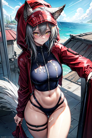 masterpiece, best quality , vivid colours,long hair,fullbody,High detailed,detailed face and eyes, long hair,camel_toe,panties showing,standing,front pov,sfw,vulva,ahoge,1girl,dynamicpose,clothes floating with the wind,powerful colours,projekt red from arknights chilling in a roof top,1girl,gray hair,navel,hot body,projekt red light breeze, yellow eyes, leaning forward, jacket, wolf tail, hood, open jacket, hooded jacket, red jacket, black one-piece swimsuit, thigh strap, unzipped, highleg swimsuit, ears through headwear,cum in her navel,