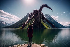 best quality , vivid colours,long hair,High detailed,perfect image unfolds with 8k resolution, masterpiece, ultra detailed image,a tall girl standing close to a lake,the huge lake is sorounded by montains,fullbody in image frame,eldritch creature,manga panel,Exe,