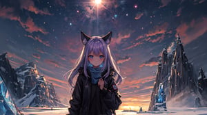 masterpiece,colorful,{best quality},detailed eyes,high constrast,ultra high res.,amidef,Seele is in a ice mountain seeing a huge blueprple glowing ice village with glowing nebula sky while the sun is setting down with big galaxy like stars.,giving a sad yet with a little hope. ,animal ears,long hair,hikaru1,layersuit