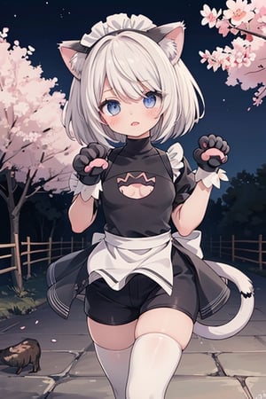 1girl,  masterpiece,  best quality,  cute,  animal ears,  shorts,  paw pose,  (cat paw gloves:1.4),  facing viewer,  looking at viewer,  sakura city,nighttime,animepull,yorha no. 2 type b walking in a sakura forest, dressed as a maid neko with torn up clothes,detailed face,cute expression,blood on clothes and body