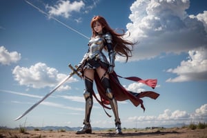 1girl, best quality,  vivid colours,  long hair,  High detailed,  perfect image unfolds with 8k resolution,  masterpiece,  ultra detailed image, colorful,cute girl,clean image style,fullbody,redhead beautifulgirl,High detailed, a girls standing out with a armour costume, she have a sword in hand  and she is raising the sword to the skies,realhands,she is in a plains biome,holding a sword