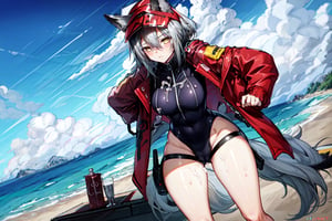 masterpiece, best quality , vivid colours,long hair,fullbody,High detailed,detailed face and eyes, long hair,camel_toe,panties showing,standing,front pov,sfw,vulva,ahoge,1girl,dynamicpose,clothes floating with the wind,powerful colours,projekt red from arknights chilling in a roof top,1girl,gray hair,navel,hot body,projekt red light breeze, yellow eyes, leaning forward, jacket, wolf tail, hood, open jacket, hooded jacket, red jacket, black one-piece swimsuit, thigh strap, unzipped, highleg swimsuit, ears through headwear,cum in her navel and thighs