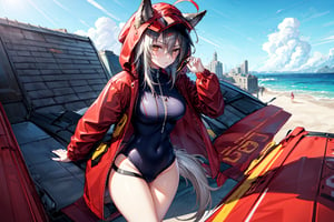 masterpiece, best quality , vivid colours,long hair,fullbody,High detailed,detailed face and eyes, long hair,camel_toe,panties showing,standing,front pov,sfw,vulva,ahoge,1girl,dynamicpose,clothes floating with the wind,powerful colours,projekt red from arknights chilling in a roof top,1girl,gray hair,navel,hot body,projekt red light breeze, yellow eyes, leaning forward, jacket, wolf tail, hood, open jacket, hooded jacket, red jacket, black one-piece swimsuit, thigh strap, unzipped, highleg swimsuit, ears through headwear,