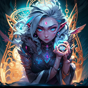 masterpiece,colorful,best quality,detailed hand and eyes,high constrast,ultra high res.glowing clothes,magic Circle, A magic dark elf is walking in the spirit florest,the spirit florest is a dark yet with very illuminated lights,she is searching for something or someone 