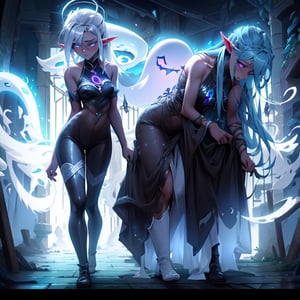 masterpiece,colorful,{best quality},detailed eyes,high constrast,ultra high res.glowing clothes, {A magic dark elf is walking in the spirit florest,the spirit florest is a dark yet with very strong ghost lights,she is searching for something or someone that her lost }