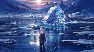 masterpiece,colorful,{best quality},detailed eyes,high constrast,ultra high res.,amidef,Seele is in a ice mountain seeing a huge blue,purple glowing ice village with glowing nebula sky while the sun is setting down with big galaxy like stars.,giving a sad yet with a little hope. ,animal ears,long hair,hikaru1,layersuit,full_body,reflection in the ice and snown