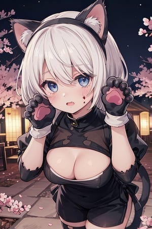 1girl,  masterpiece,  best quality,  cute,  animal ears,  shorts,  paw pose,  (cat paw gloves:1.4),  facing viewer,  looking at viewer,  sakura city,nighttime,animepull,yorha no. 2 type b walking in a sakura, blood stained forest, dressed as a maid neko with torn up clothes,detailed face
