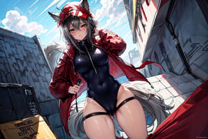 masterpiece, best quality , vivid colours,long hair,fullbody,High detailed,detailed face and eyes, long hair,camel_toe,panties showing,standing,front pov,sfw,vulva,ahoge,1girl,dynamicpose,clothes floating with the wind,powerful colours,projekt red from arknights chilling in a roof top,1girl,gray hair,navel,hot body,projekt red light breeze, yellow eyes, leaning forward, jacket, wolf tail, hood, open jacket, hooded jacket, red jacket, black one-piece swimsuit, thigh strap, unzipped, highleg swimsuit, ears through headwear,cu m in her navel and thighs