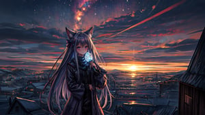 masterpiece,colorful,{best quality},detailed eyes,high constrast,ultra high res.,amidef,Seele is in a ice mountain seeing a huge blueprple glowing ice village with glowing nebula sky while the sun is setting down with big galaxy like stars.,giving a sad yet with a little hope. ,animal ears,long hair,hikaru1,layersuit