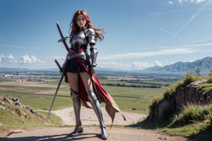 1girl, best quality,  vivid colours,  long hair,  High detailed,  perfect image unfolds with 8k resolution,  masterpiece,  ultra detailed image, colorful,cute girl,clean image style,fullbody,redhead beautifulgirl,High detailed, a girls standing out with a armour costume, she have a sword in hand  and she is raising the sword to the skies,realhands,she is in a plains biome,