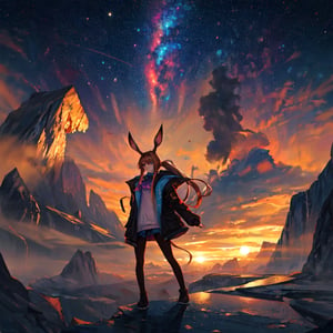masterpiece,colorful,{best quality},detailed eyes,high constrast,ultra high res.,amidef,
amiya is in a mountain seeing a huge glowing ravine, glowing nebula sky,the sun is setting down,big galaxy like stars. 
