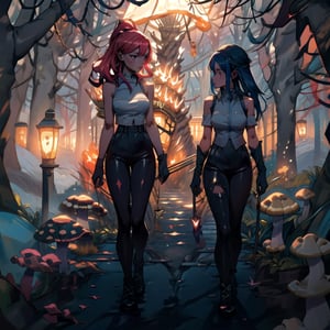 masterpiece,colorful,{best quality},detailed eyes,high constrast,ultra high res.glowing clothes,A girl is walking a dark forest with glowing shrooms,full body
