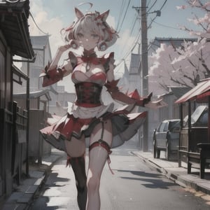 1girl,  masterpiece,  best quality,  cute,  animal ears,  shorts,  paw pose,  facing viewer,  looking at viewer,  sakura city,nighttime, walking in a sakura forest, destiny /(takt op./) dressed as a hot maid neko with torn up clothes,detailed face,cute expression,ahegao_face,barely clothed with (tornclothes:1.2),perfectbody,detailed,realistic eyes,skirt almost showing female genitalia,seeing panties,skirt flowing in the wind,destiny /(takt op./),realistic