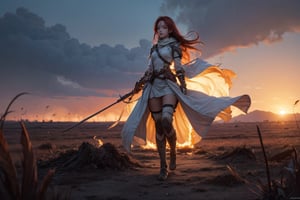 1girl,  best quality, one of the most beautiful images ever created,  vivid colours,  long hair,  High detailed,  perfect image unfolds with 8k resolution,  masterpiece,  ultra detailed image,  colorful, cute girl, clean image style, redhead beautifulgirl, High detailed, she is in a plains biome, detailed beautiful face,fantasy00d,fullbody,After a very long fight a Future soldier (female) is coming home through the burning cursed eclipse field,the field is all burning with a huge destruction this flames is the souls of the dead screaming back to the female soldier.