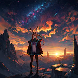 masterpiece,colorful,{best quality},detailed eyes,high constrast,ultra high res.,amidef,
amiya is in a mountain seeing a huge glowing ravine, glowing nebula sky,the sun is setting down,big galaxy like stars. 