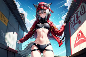 masterpiece, best quality , vivid colours,long hair,fullbody,High detailed,detailed face and eyes, long hair,camel_toe,panties showing,standing,front pov,sfw,vulva,ahoge,1girl,dynamicpose,clothes floating with the wind,powerful colours,projekt red from arknights chilling in a roof top,1girl,gray hair,navel,hot body,projekt red light breeze, yellow eyes, leaning forward, jacket, wolf tail, hood, open jacket, hooded jacket, red jacket, black one-piece swimsuit, thigh strap, unzipped, highleg swimsuit, ears through headwear,cum in her navel and thighs