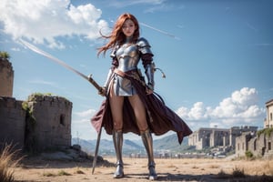 1girl, best quality,  vivid colours,  long hair,  High detailed,  perfect image unfolds with 8k resolution,  masterpiece,  ultra detailed image, colorful,cute girl,clean image style,fullbody,redhead beautifulgirl,High detailed, a girls standing out with a armour costume, she have a sword in hand  and she is raising the sword to the skies,realhands,she is in a plains biome,