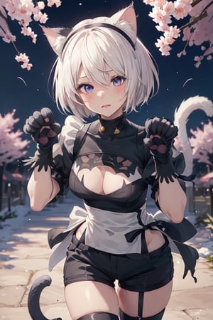 1girl,  masterpiece,  best quality,  cute,  animal ears,  shorts,  paw pose,  (cat paw gloves:1.4),  facing viewer,  looking at viewer,  sakura city,nighttime,animepull,yorha no. 2 type b walking in a sakura forest, dressed as a maid neko with torn up clothes,detailed face,cute expression,ahegao_face