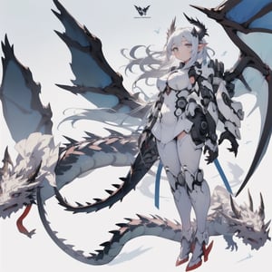 best quality”, “masterpiece”, “illustration”, “1girl”, “solo”, “full body”, “Mecha”, “machine”, “Dragon ear”, “Blank background”, Dragon wings, dragon tail,and “dragon horn”,dragon ear, a girl standing tall while floating in the air with open wings,big_boobies