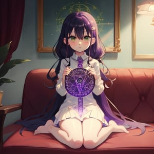 loli, green_eyes, saki, magic_circles, purple_hair, wizards,a pentagram like purple magic circle inside the eye, perfect_eyes,full yet simplified body,full body,sitting on sofa 