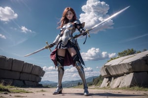 1girl, best quality,  vivid colours,  long hair,  High detailed,  perfect image unfolds with 8k resolution,  masterpiece,  ultra detailed image, colorful,cute girl,clean image style,fullbody,redhead beautifulgirl,High detailed, a girls standing out with a armour costume, she have a sword in hand  and she is raising the sword to the skies,realhands,she is in a plains biome,holding a sword