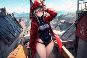 masterpiece, best quality , vivid colours,long hair,fullbody,High detailed,detailed face and eyes, long hair,camel_toe,panties showing,standing,front pov,sfw,vulva,ahoge,1girl,dynamicpose,clothes floating with the wind,powerful colours,projekt red from arknights chilling in a roof top,1girl,gray hair,navel,hot body,projekt red light breeze, yellow eyes, leaning forward, jacket, wolf tail, hood, open jacket, hooded jacket, red jacket, black one-piece swimsuit, thigh strap, unzipped, highleg swimsuit, ears through headwear,