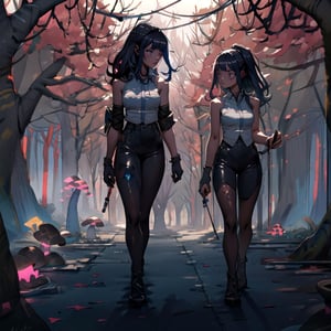 masterpiece,colorful,{best quality},detailed eyes,high constrast,ultra high res.glowing clothes,A girl is walking a dark forest with glowing shrooms,full body