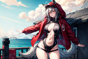 masterpiece, best quality , vivid colours,long hair,fullbody,High detailed,detailed face and eyes, long hair,camel_toe,panties showing,standing,front pov,sfw,vulva,ahoge,1girl,dynamicpose,clothes floating with the wind,powerful colours,projekt red from arknights chilling in a roof top,1girl,gray hair,navel,hot body,projekt red light breeze, yellow eyes, leaning forward, jacket, wolf tail, hood, open jacket, hooded jacket, red jacket, black one-piece swimsuit, thigh strap, unzipped, highleg swimsuit, ears through headwear,cum in her navel,